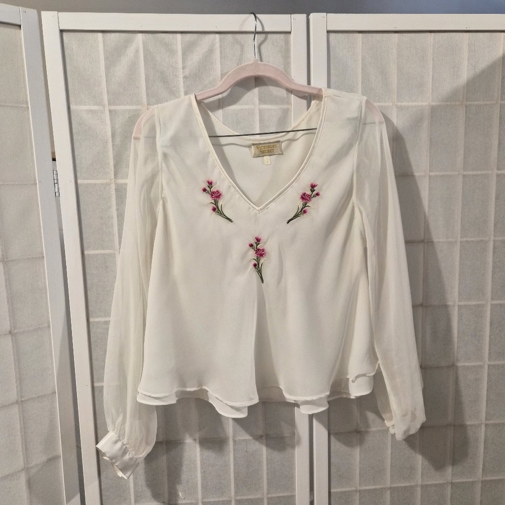 Vintage VS Gold Label  Sheer Sleeve Embroidered Blouse 90s Sz S